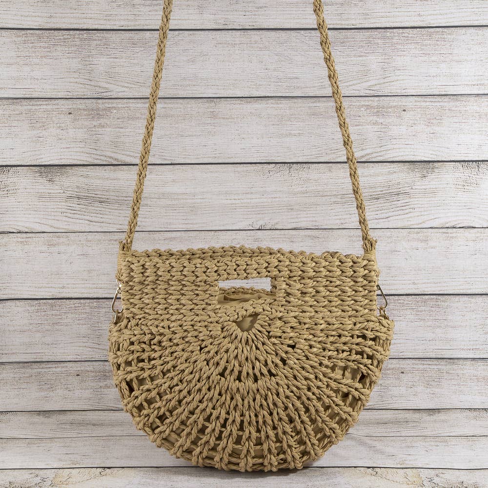 Open Weave Paper Straw Half Moon Hobo Bag