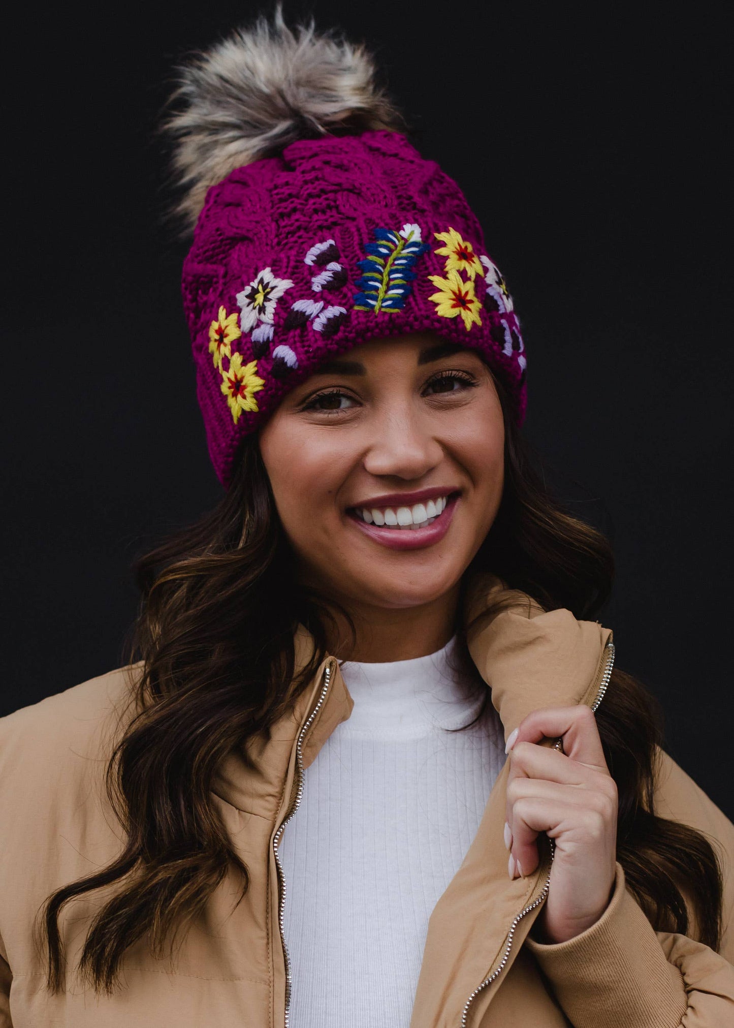 Luxe Magenta w/ Floral Pattern Cuff Pom Hat