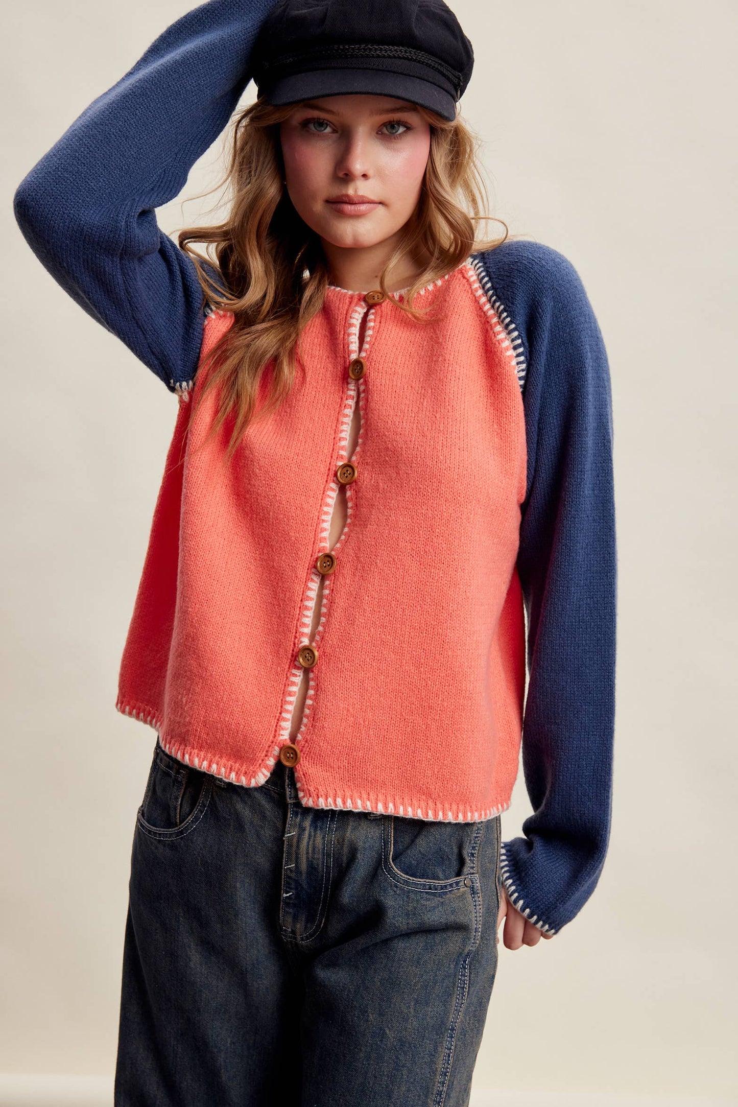 Contrast Stitch Raglan Knit Cardigan