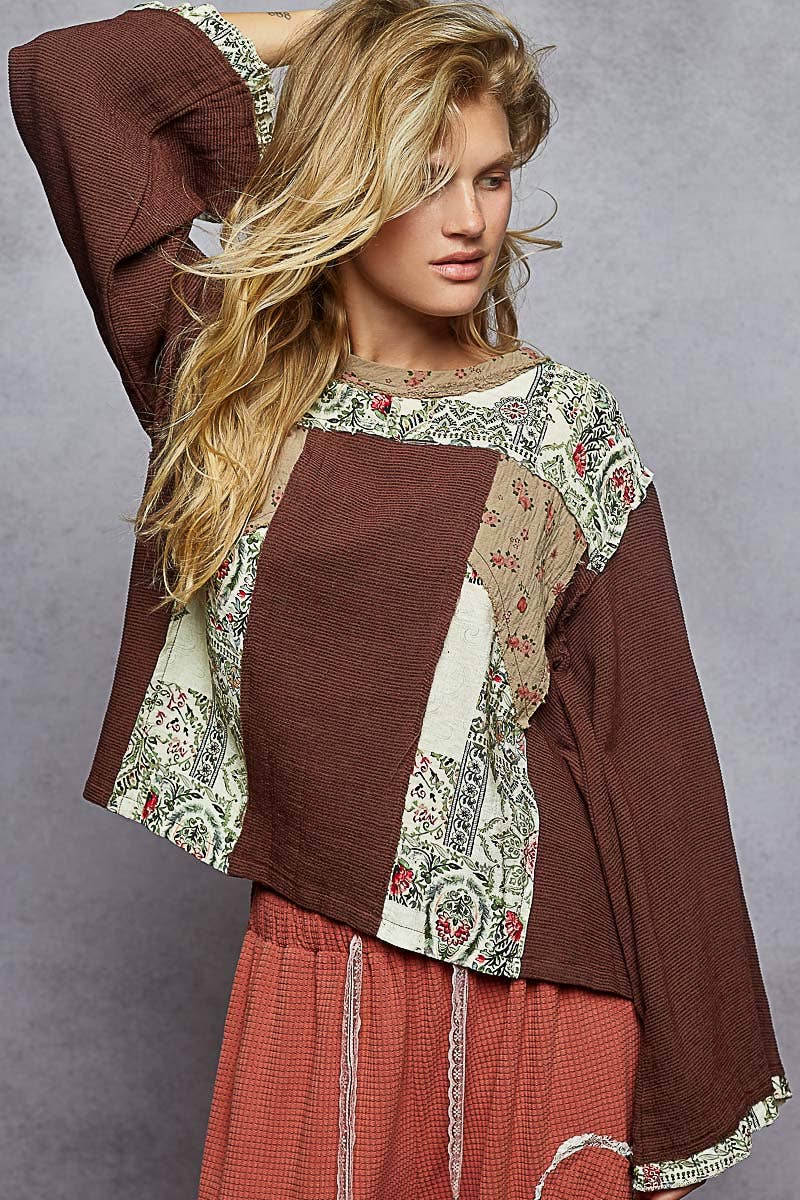 Long sleeve double gauze printed woven contrast top