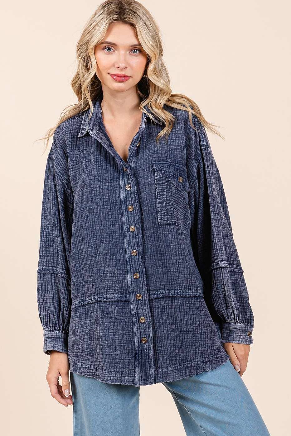 MINERAL WASH CRINKLE GAUZE BUTTON DOWN SHIRT