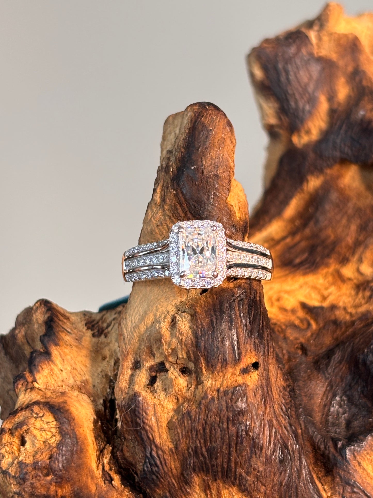 Moissanite Radiant Center Stone Ring with 3 Row Pave Band