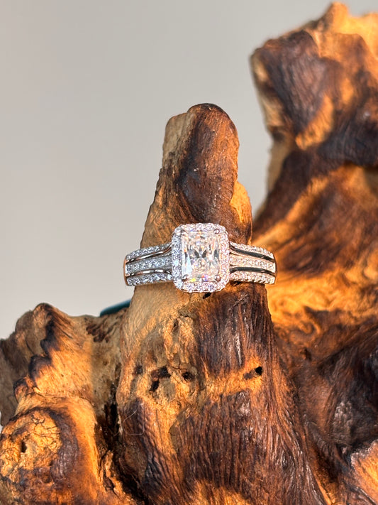 Moissanite Radiant Center Stone Ring with 3 Row Pave Band