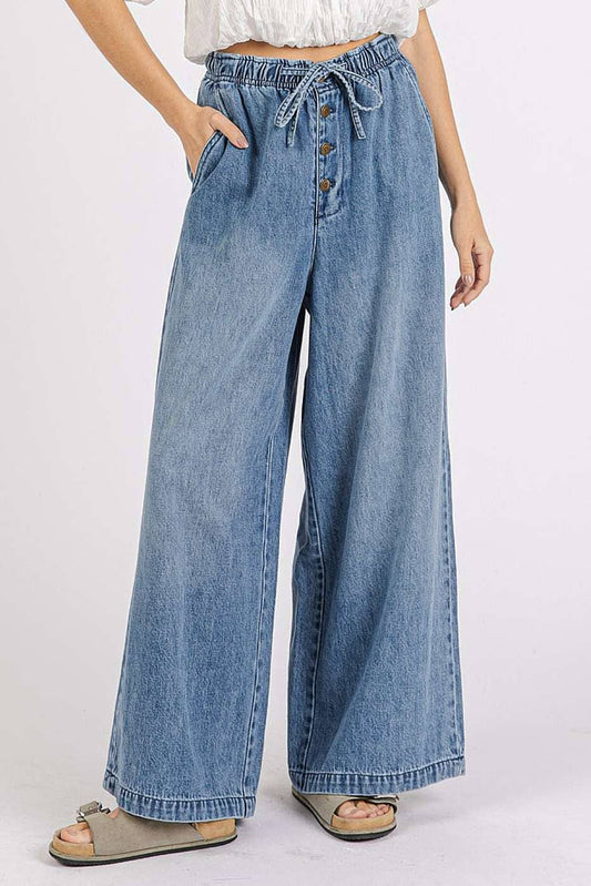 WASHED DENIM ELASTIC BUTTON FLY WIDE LEG PANTS