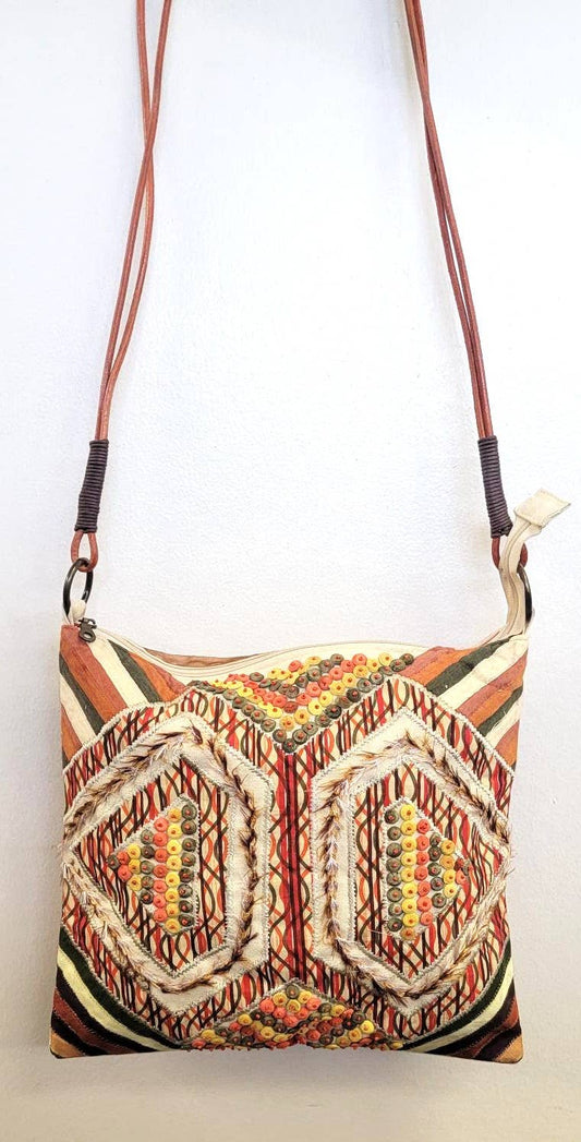 Embroidered Beaded Wood Crossbody
