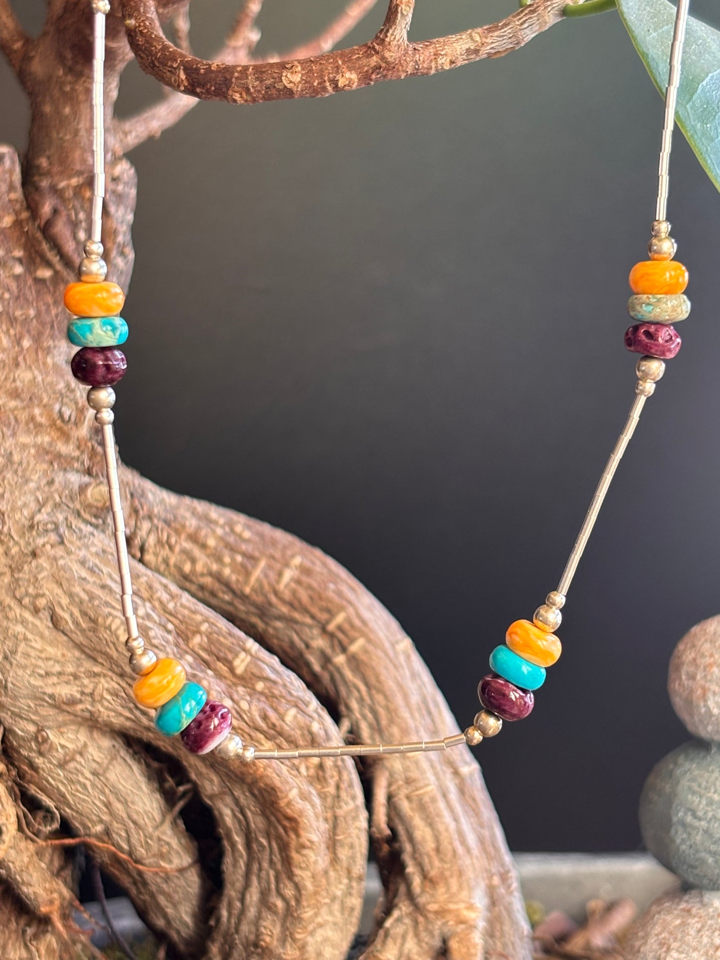 Liquid Silver Necklace with Orange/Purple Spiny Oyster and Sea Sediment Jasper