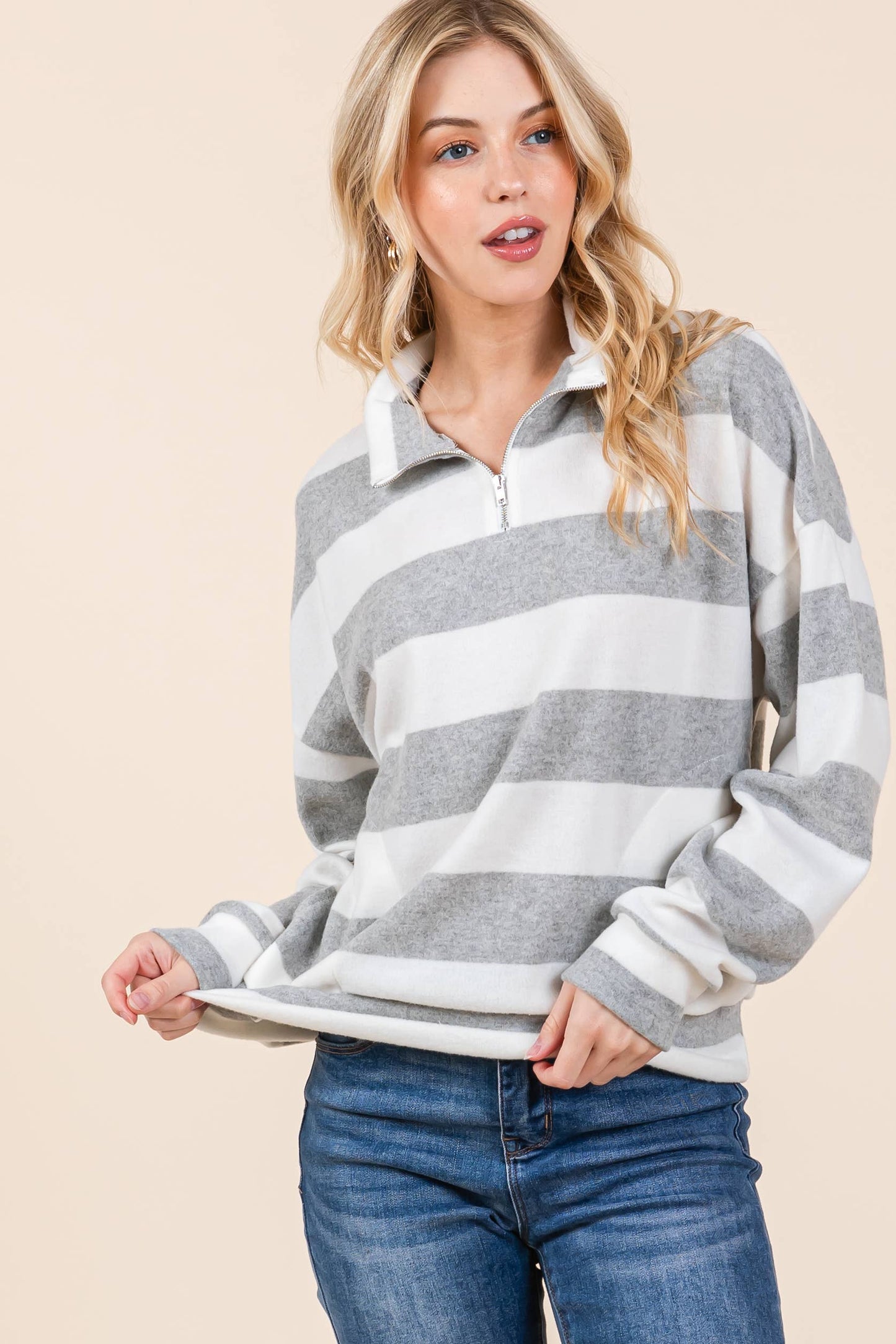 GREY STRIPE 1/4 ZIP PULLOVER