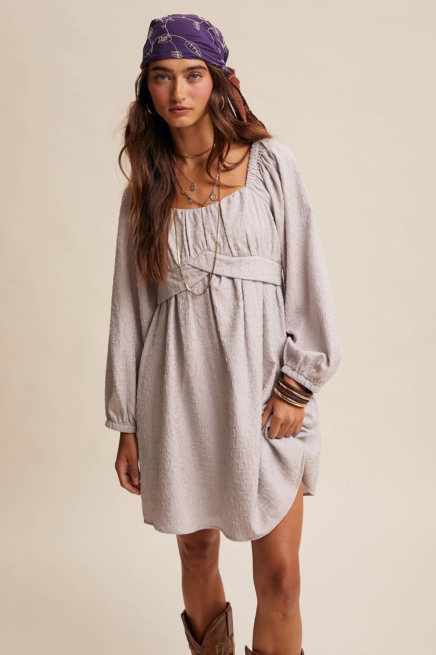 Textured Square Neck Babydoll Mini Dress