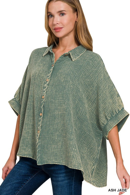 Washed Double Gauze Button Down Half Sleeve Shirt (Plus)