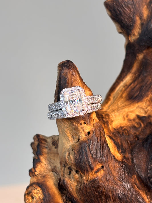 Moissanite Radiant Center with Halo Ring with Stones and Pave Band