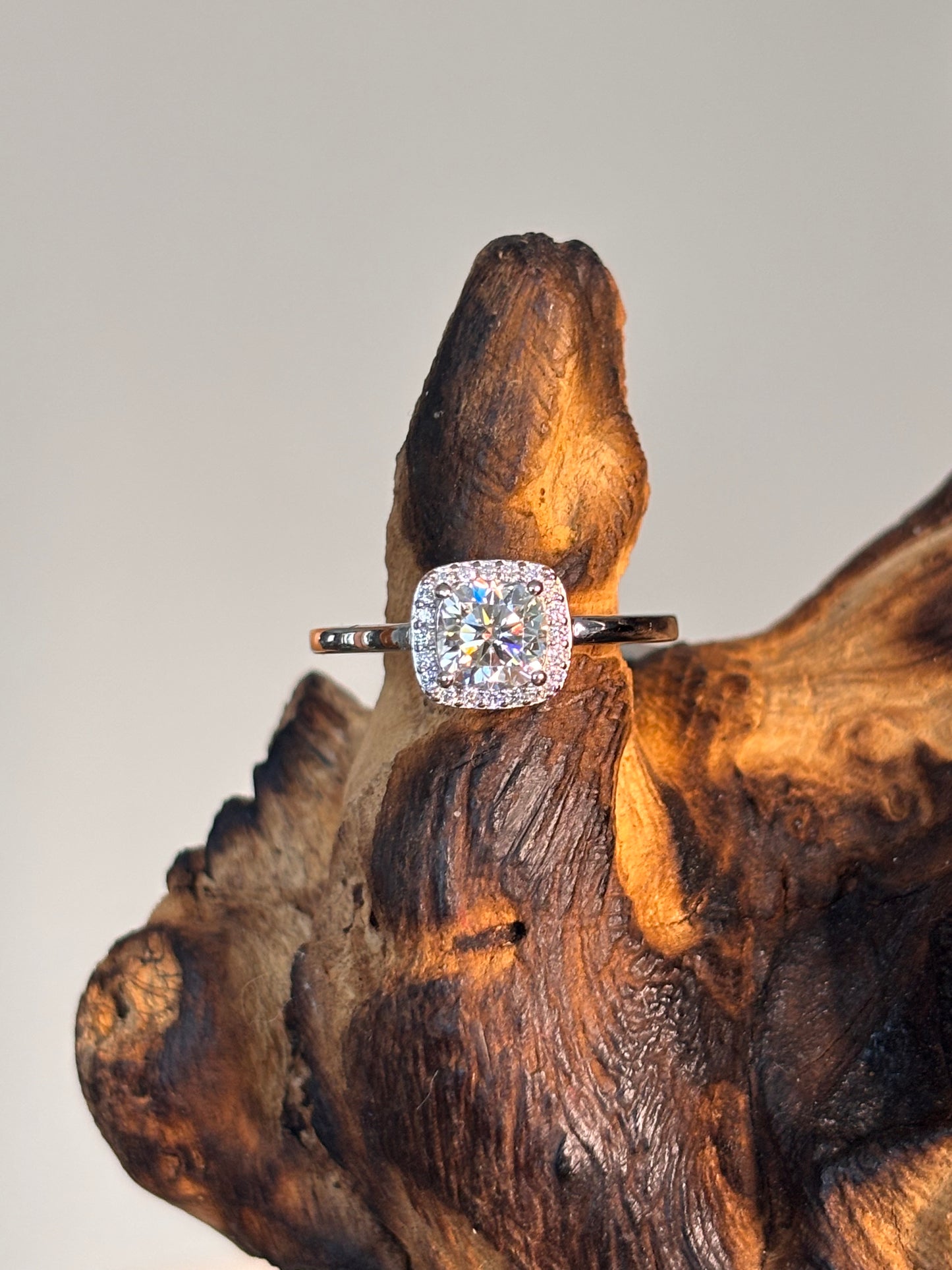 Moissanite Cushion Solitaire with Halo Ring