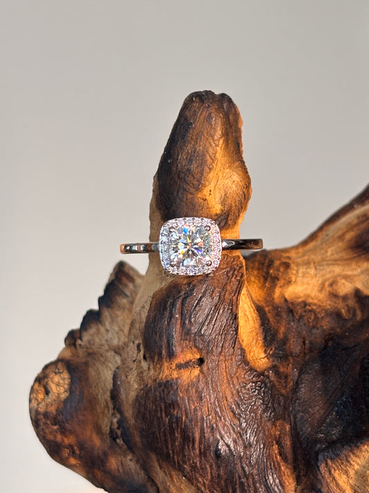 Moissanite Cushion Solitaire with Halo Ring