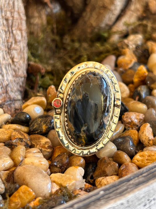Pietersite & Tourmaline Ring | Size 8