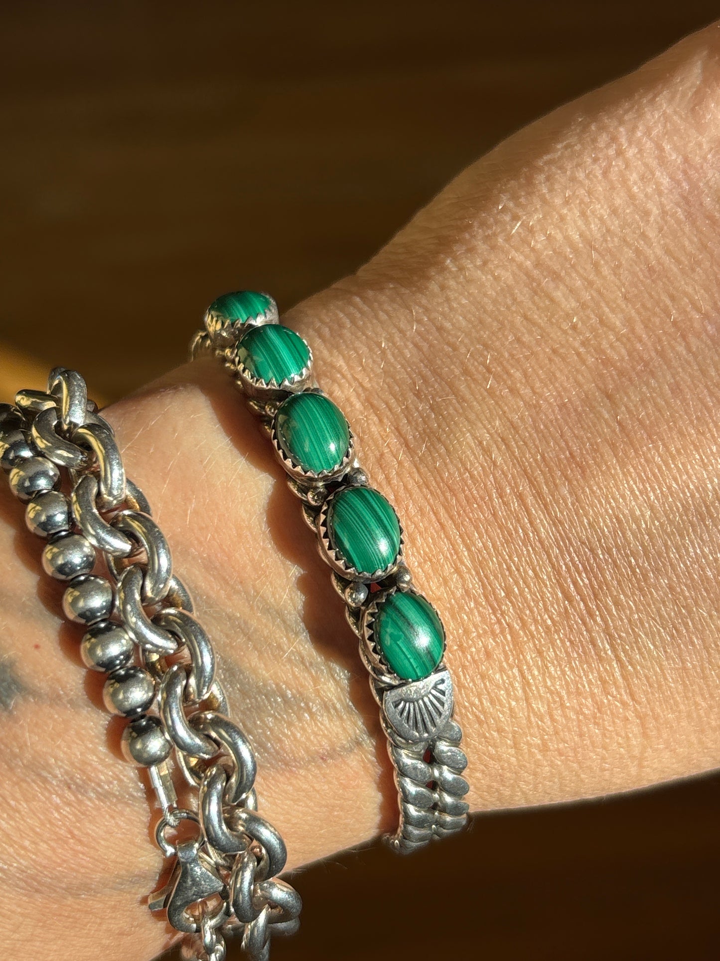 Vintage Native Malachite Cuff Bracelet - Signed