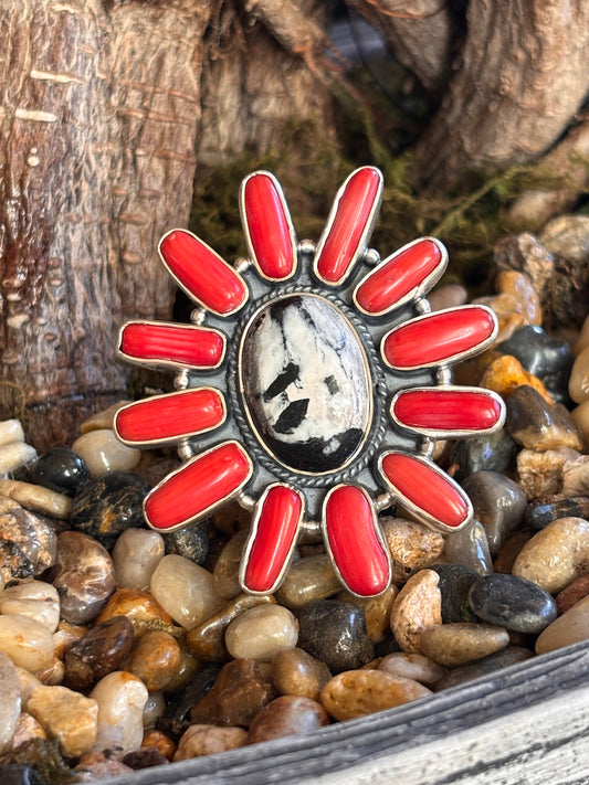 White Buffalo & Coral Ring | Adjustable