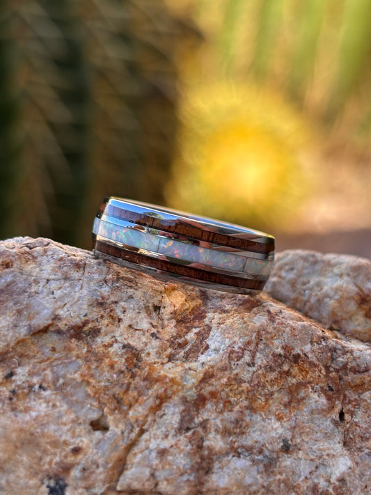 Opalite & Koa Wood Tungsten Ring Band