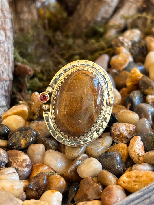 Golden Rutilated Quartz w/ Tourmaline Ring | Size 8