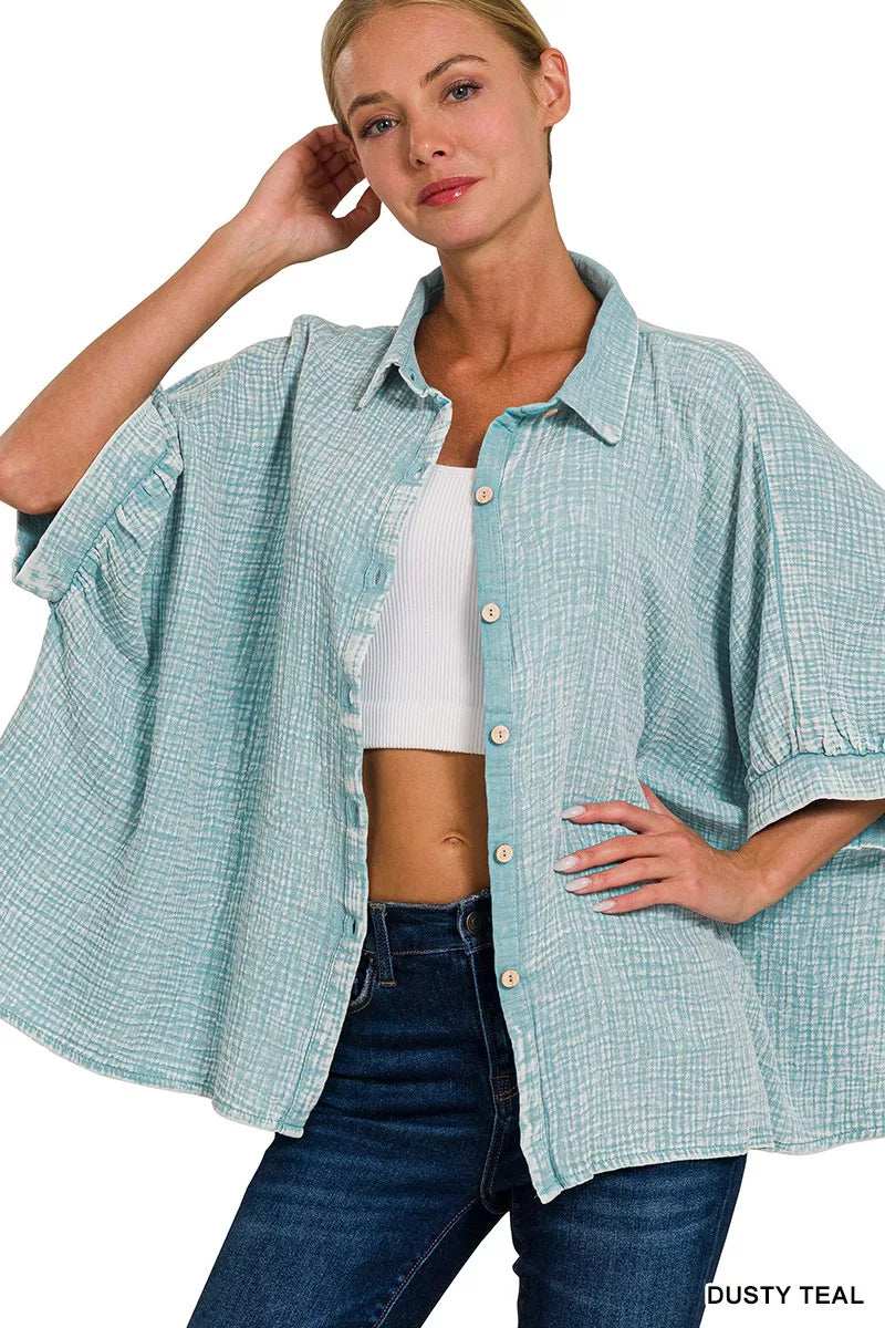 Washed Double Gauze Button Down Half Sleeve