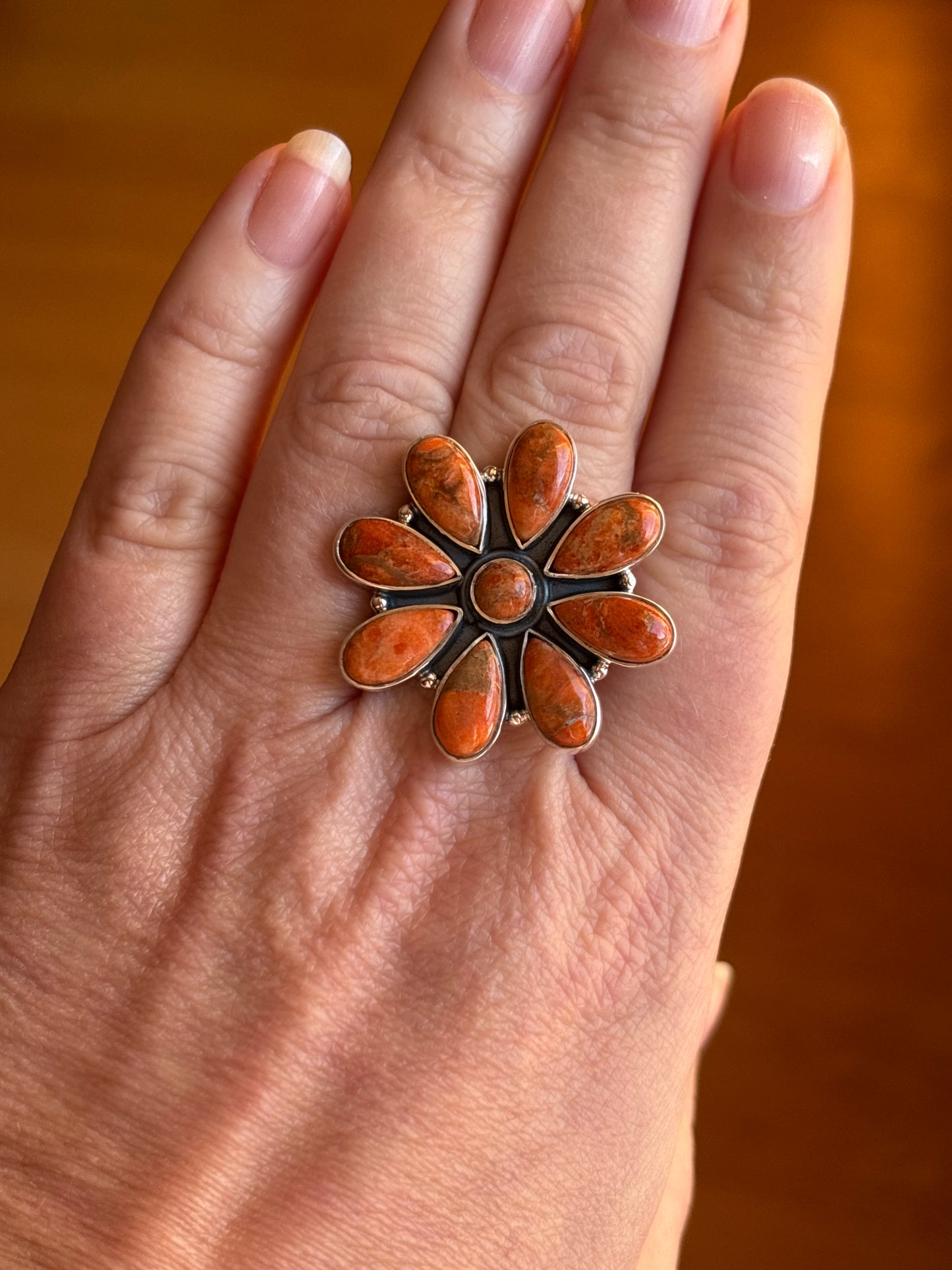 Orange Turquoise Statement Cluster Ring | Adjustable