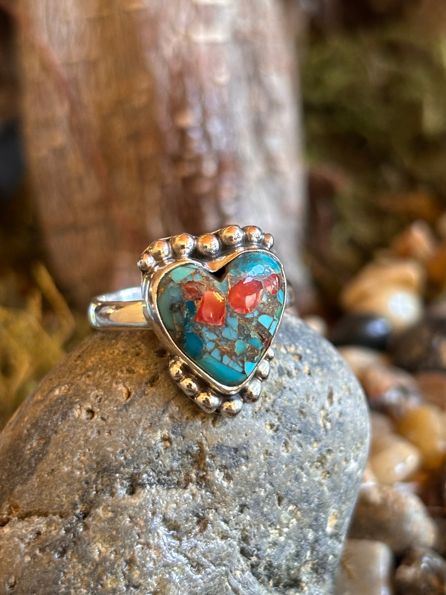Turquoise Coral Heart Ring | Size 7.25