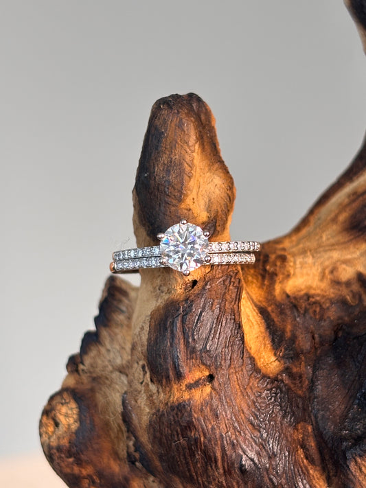 Moissanite Brilliant Center with Side Stone Band Plus Stone Band Ring