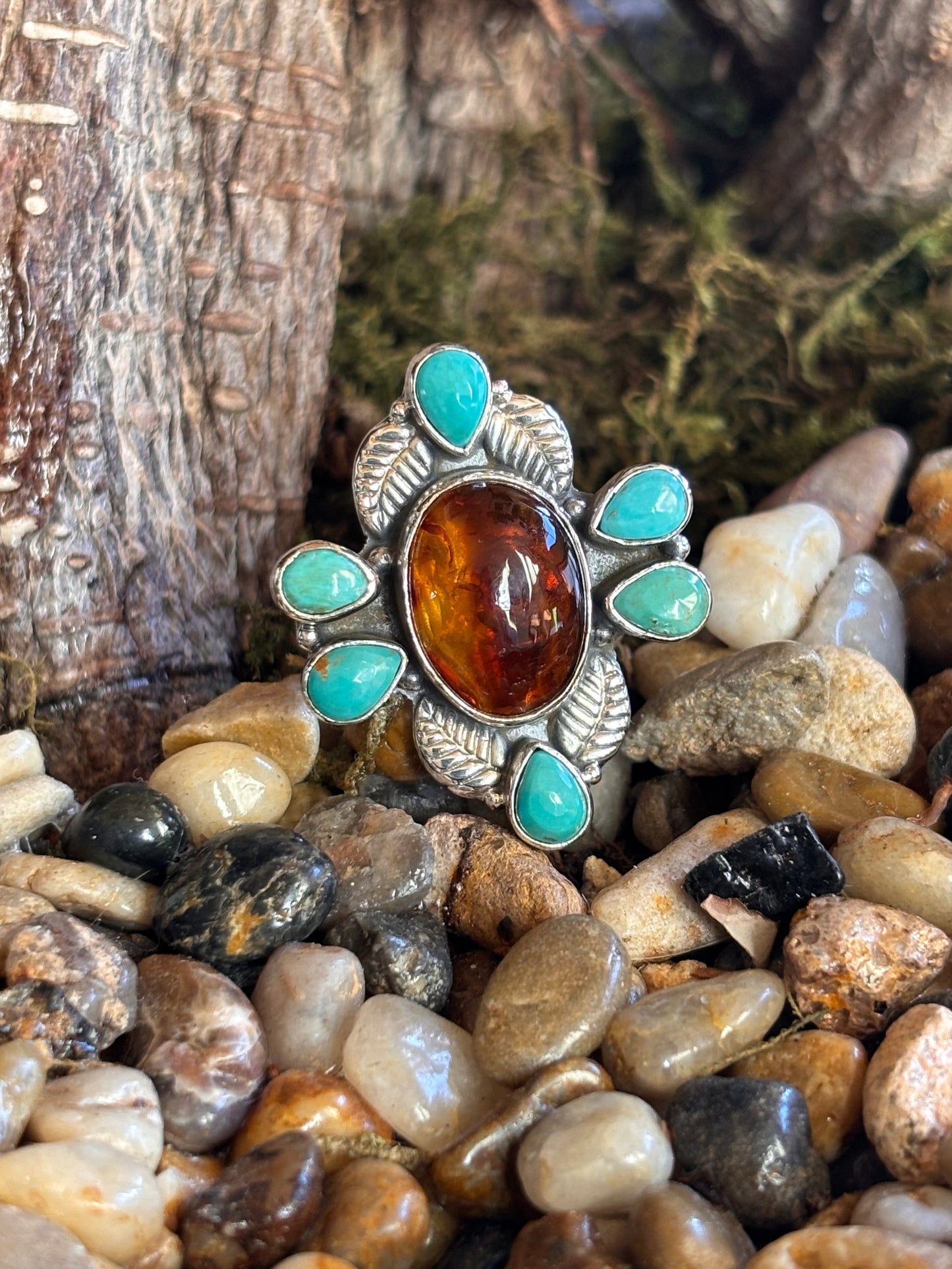 Amber & Turquoise Ring | Size 7.5