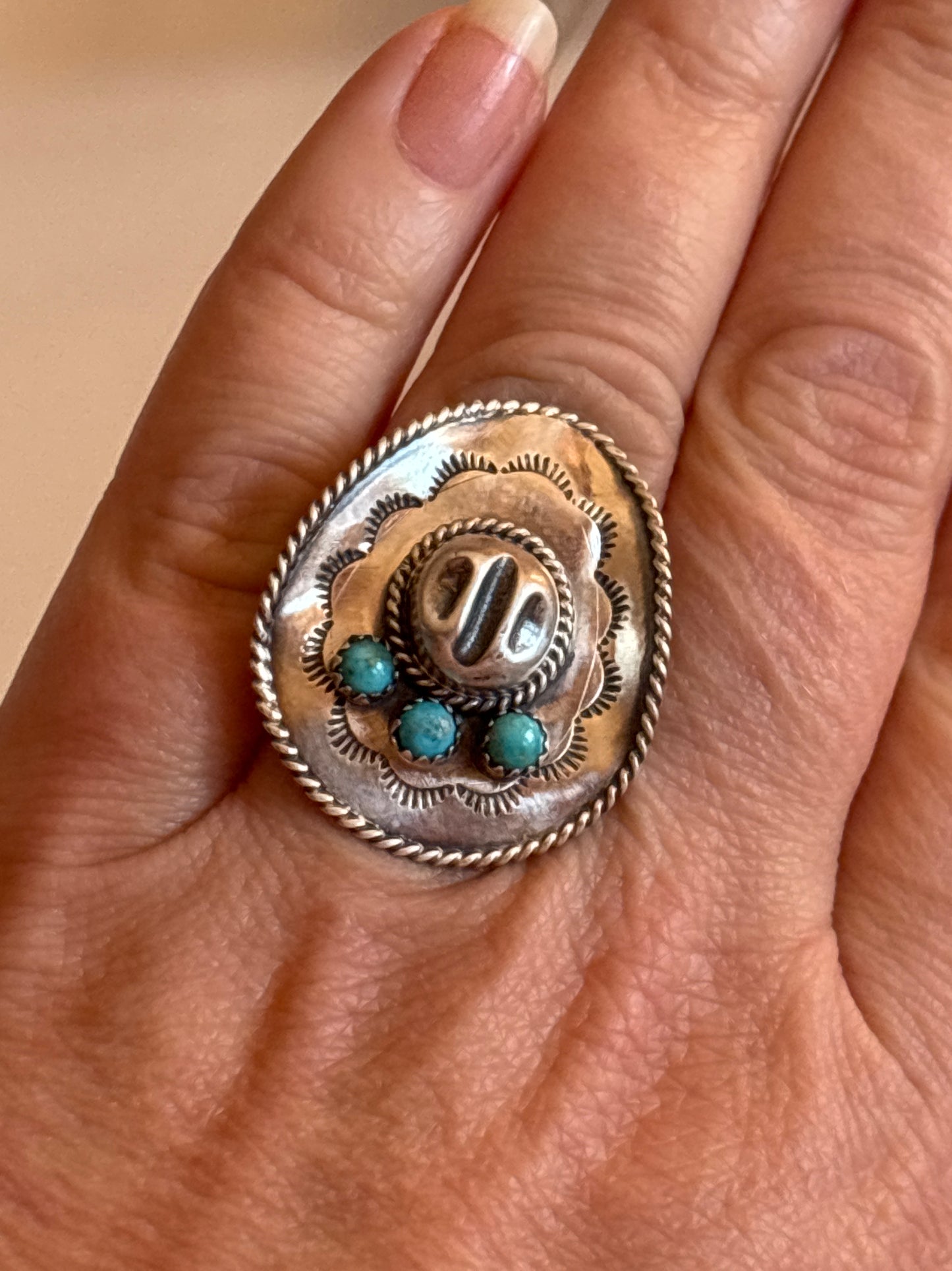 Navajo Cowboy Hat Ring with Kingman Turquoise made by Bobby Platero