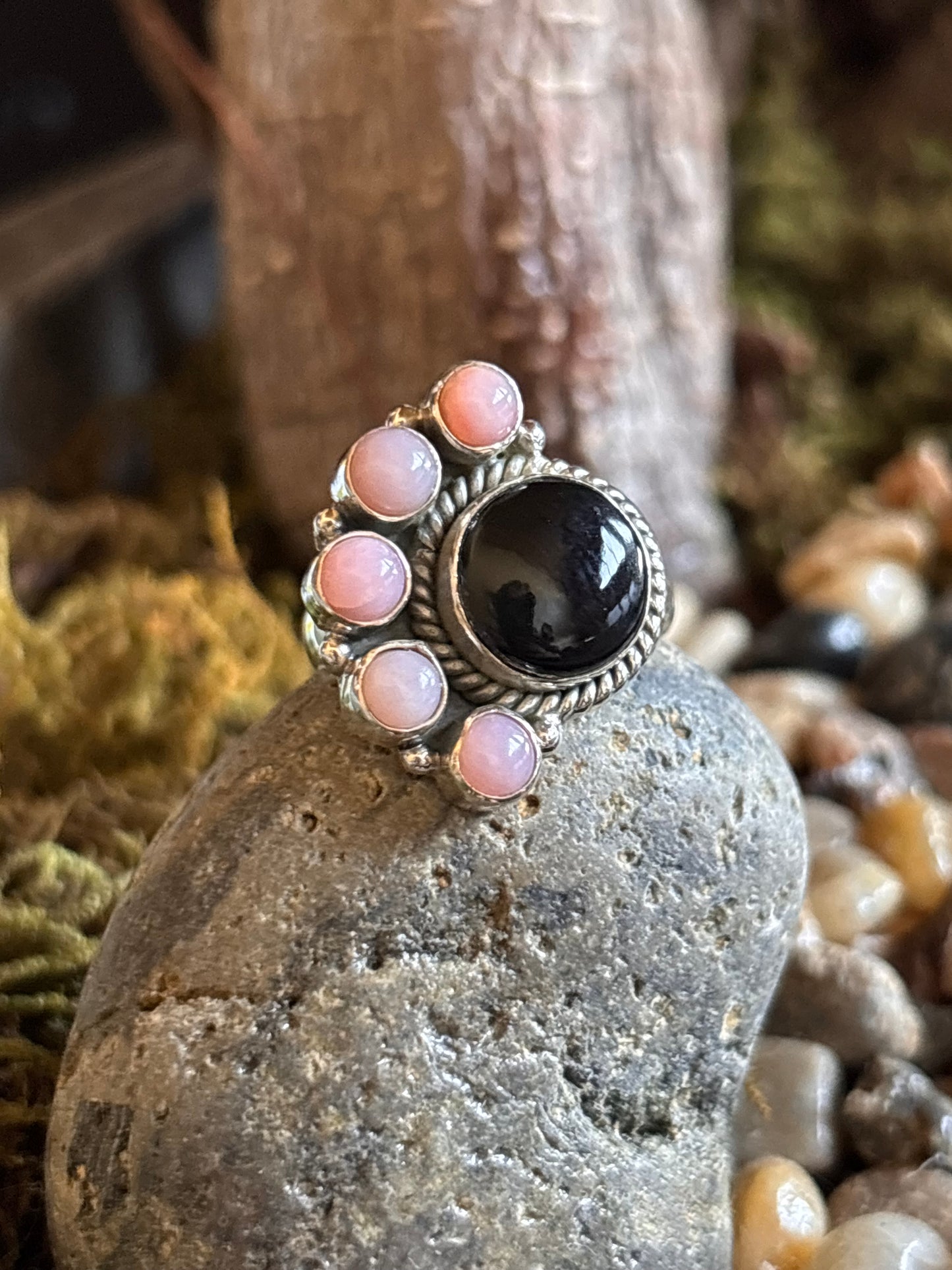 Onyx & Rose Quartz Ring | Size 8.25