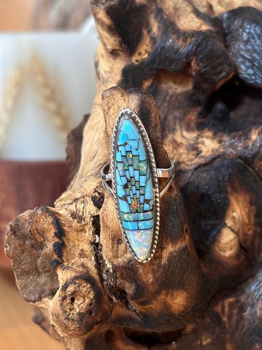 Zuni Micro Inlay Turquoise White Lab Opal Ring | Size 7.5