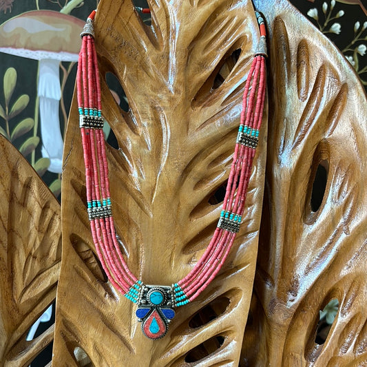 Tibetan Silver Necklace with Coral, Turquoise & Lapis