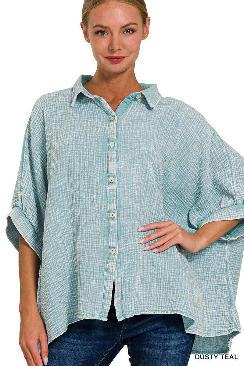 Washed Double Gauze Button Down Half Sleeve
