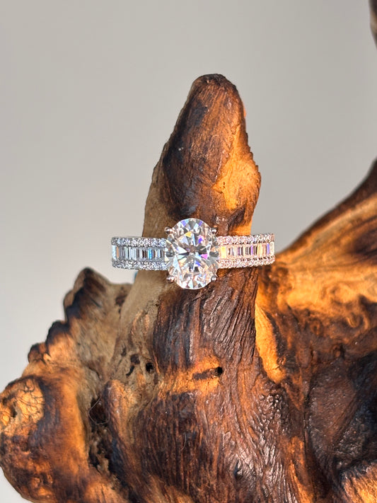 Moissanite Oval Center with Baguette & Round Side Stones Ring
