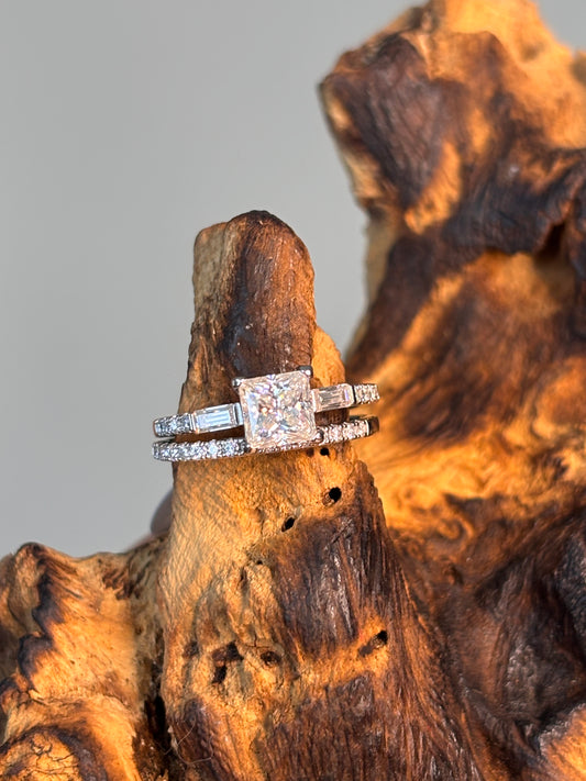 Moissanite Princess Center with Baguette/Stone Side-Stone Band Ring Plus Multi-Stone Band