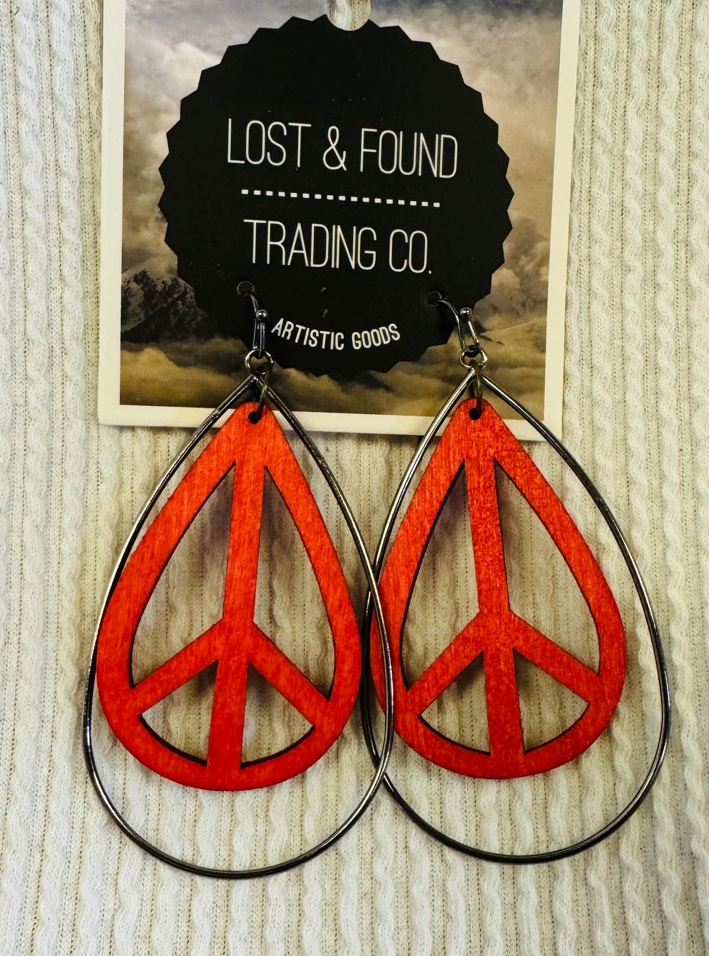 Wooden & Metal Teardrop Peace Sign Earrings | Lost & Found Trading Co.