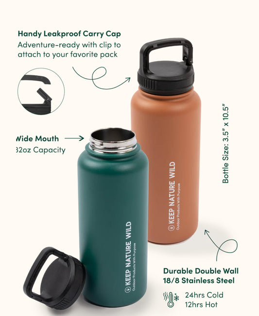 Keep Nature Wild Insulated 32oz Water Bottle with Handle Clip