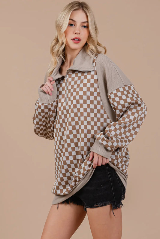 Quarter Zip Checkered Pullover