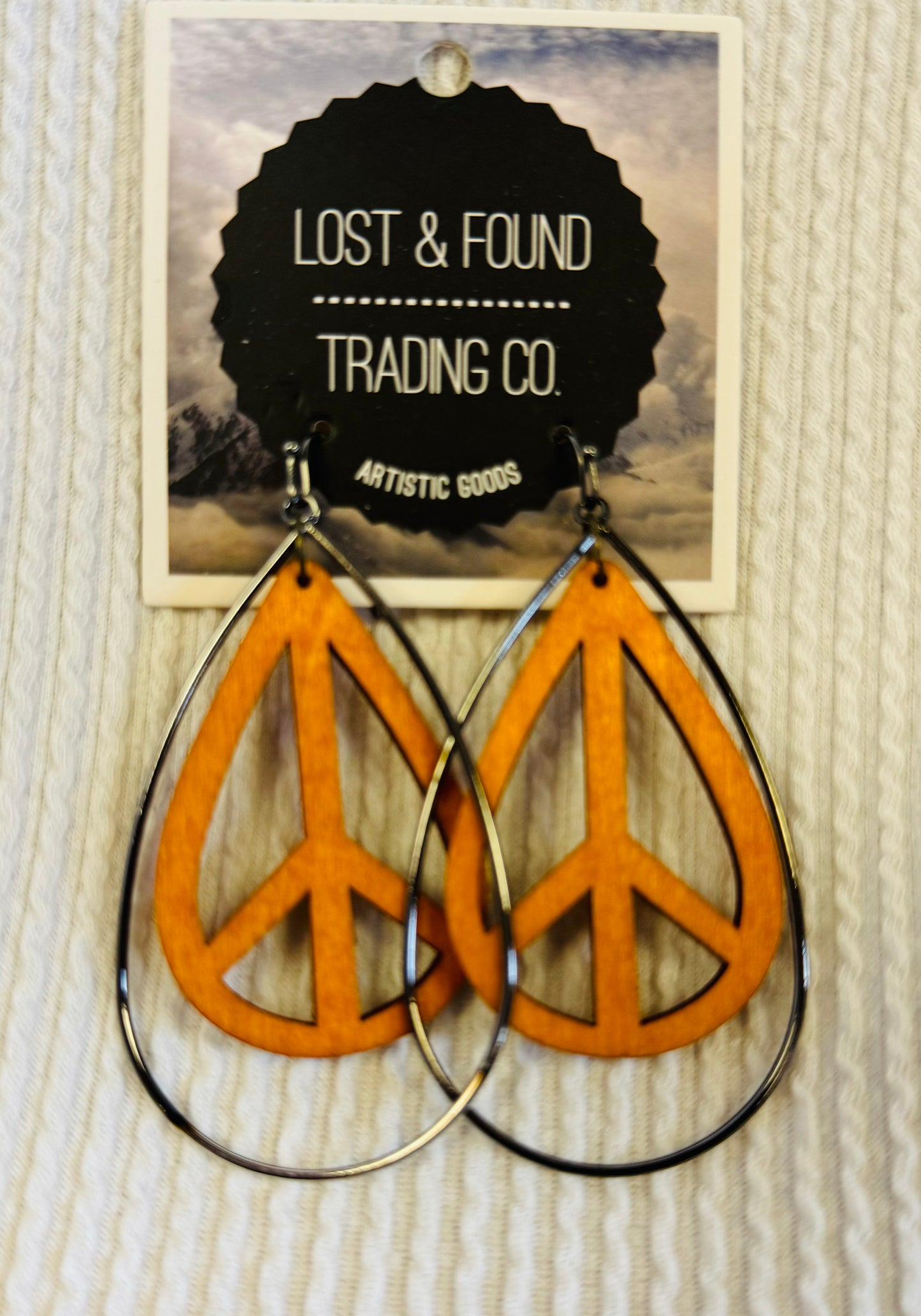 Wooden & Metal Teardrop Peace Sign Earrings | Lost & Found Trading Co.