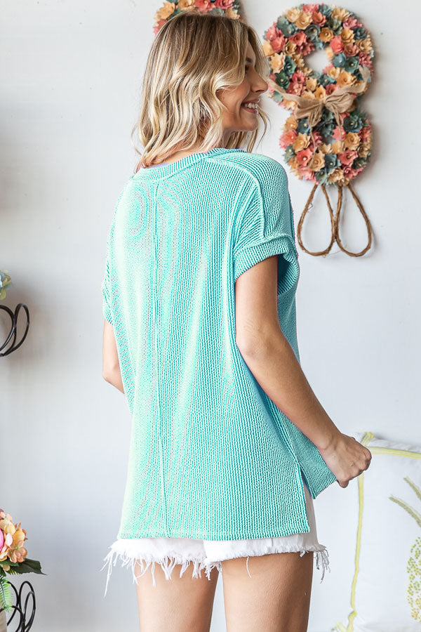 Vee Turquoise Ribbed V-neck Top | 7th Ray