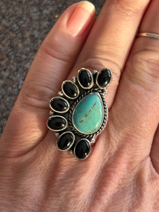 Turquoise Black Onyx Ring | Adjustable