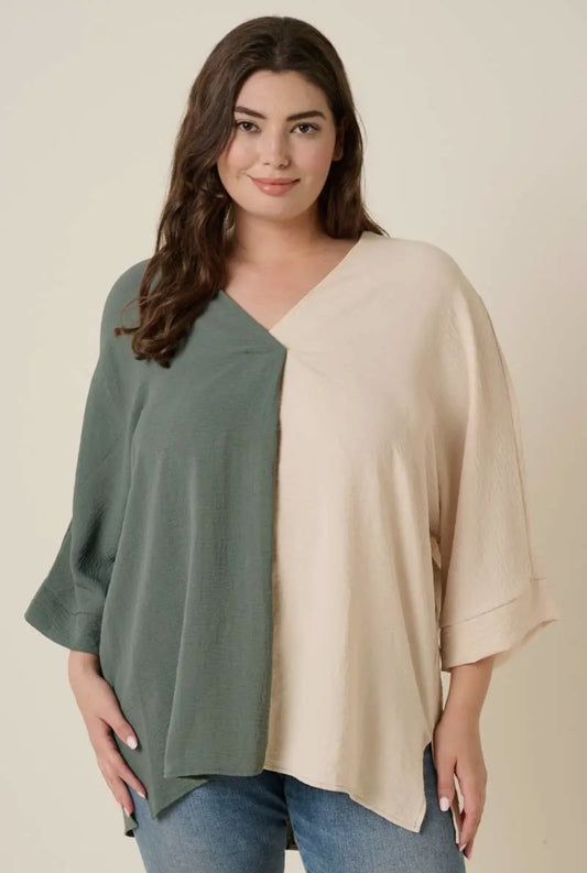 Airflow Color Block Dolman Sleeve Woven Top Plus Size