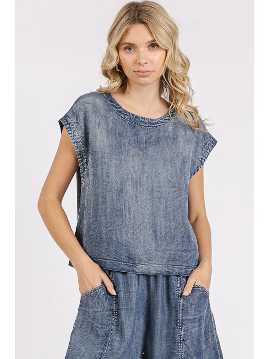 Washed Chambray Back Button Cap Sleeve Top