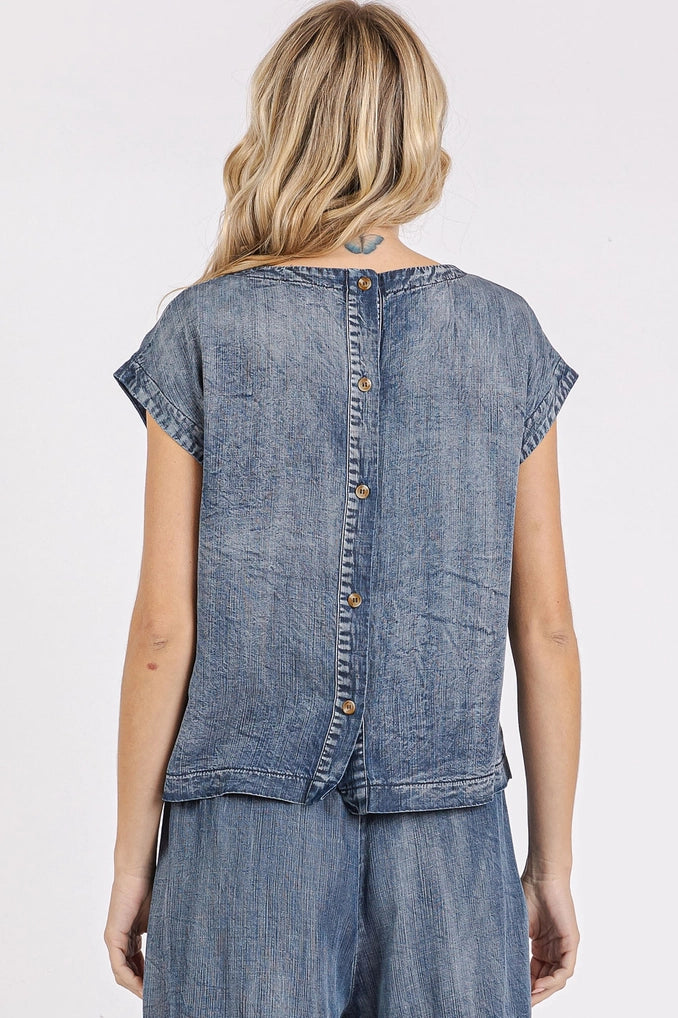 Washed Chambray Back Button Cap Sleeve Top