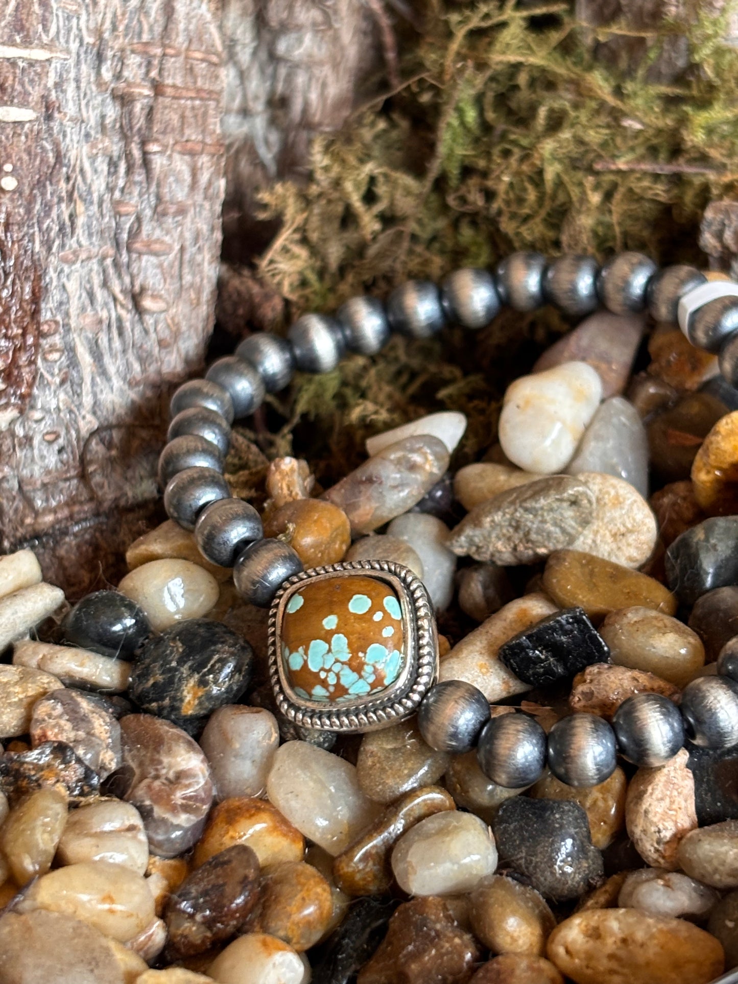 #8 Turquoise 6mm sterling pearls stretch bracelet with filagree back