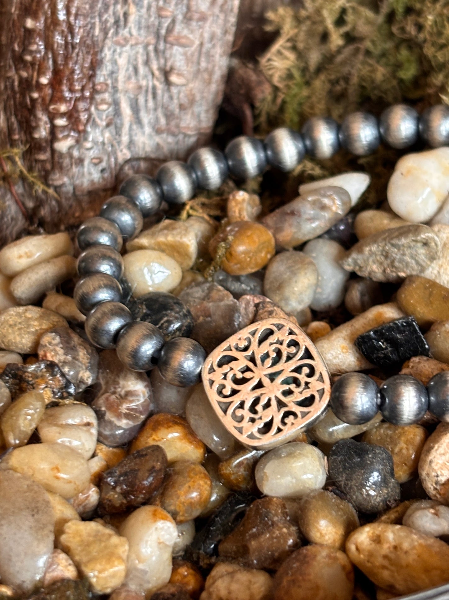 #8 Turquoise 6mm sterling pearls stretch bracelet with filagree back