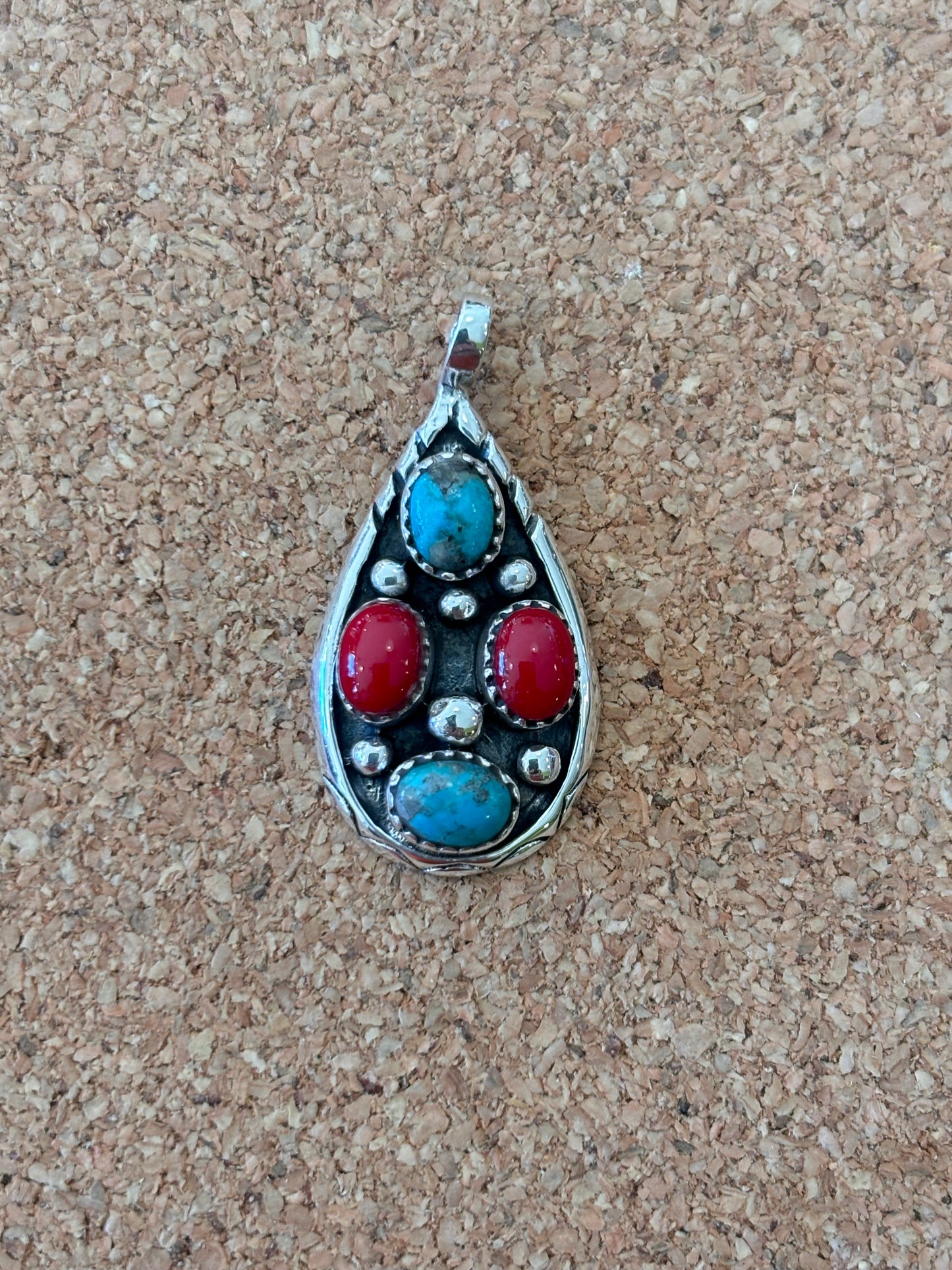 Turquoise and Coral Sterling Pendant