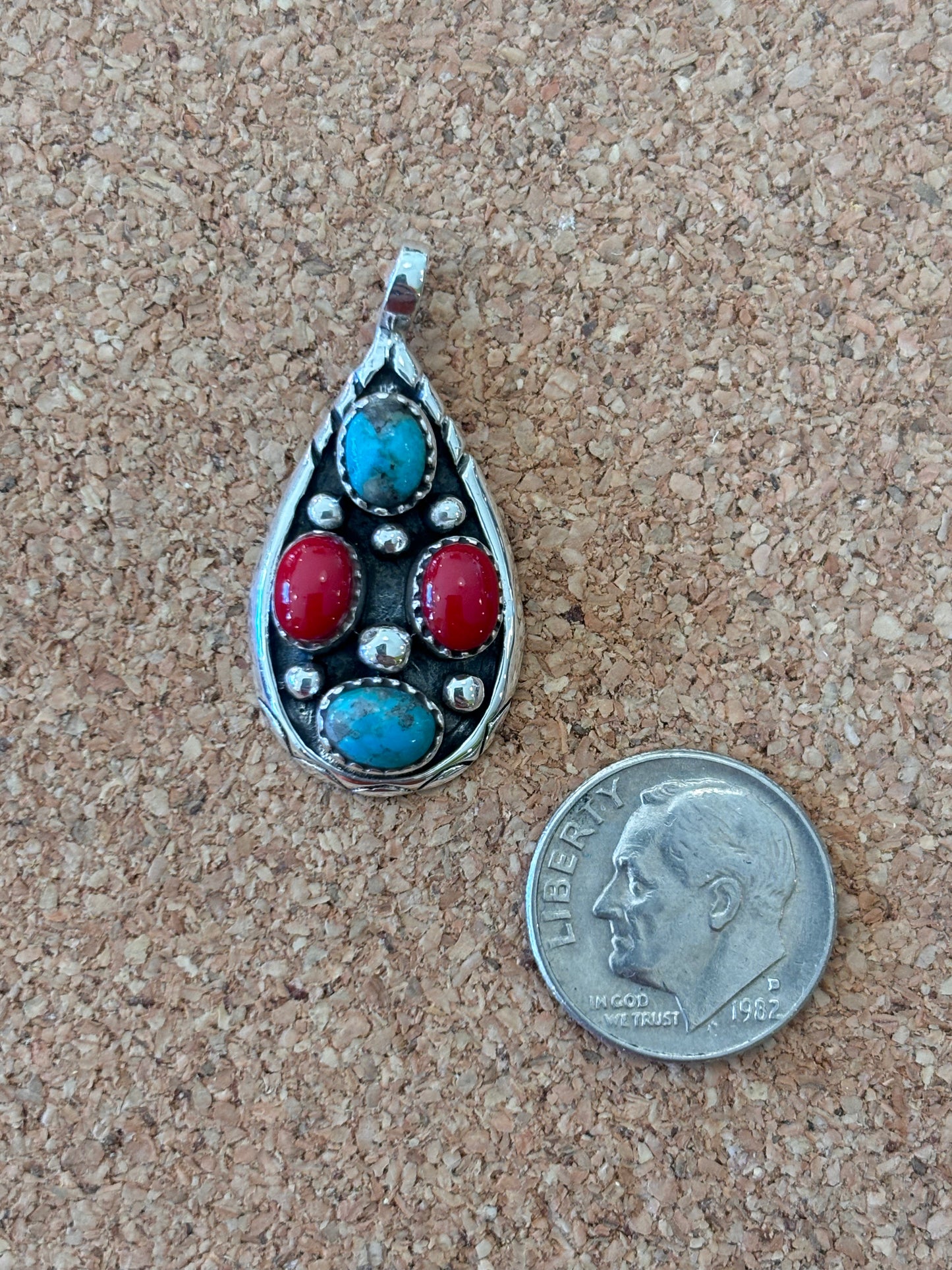 Turquoise and Coral Sterling Pendant