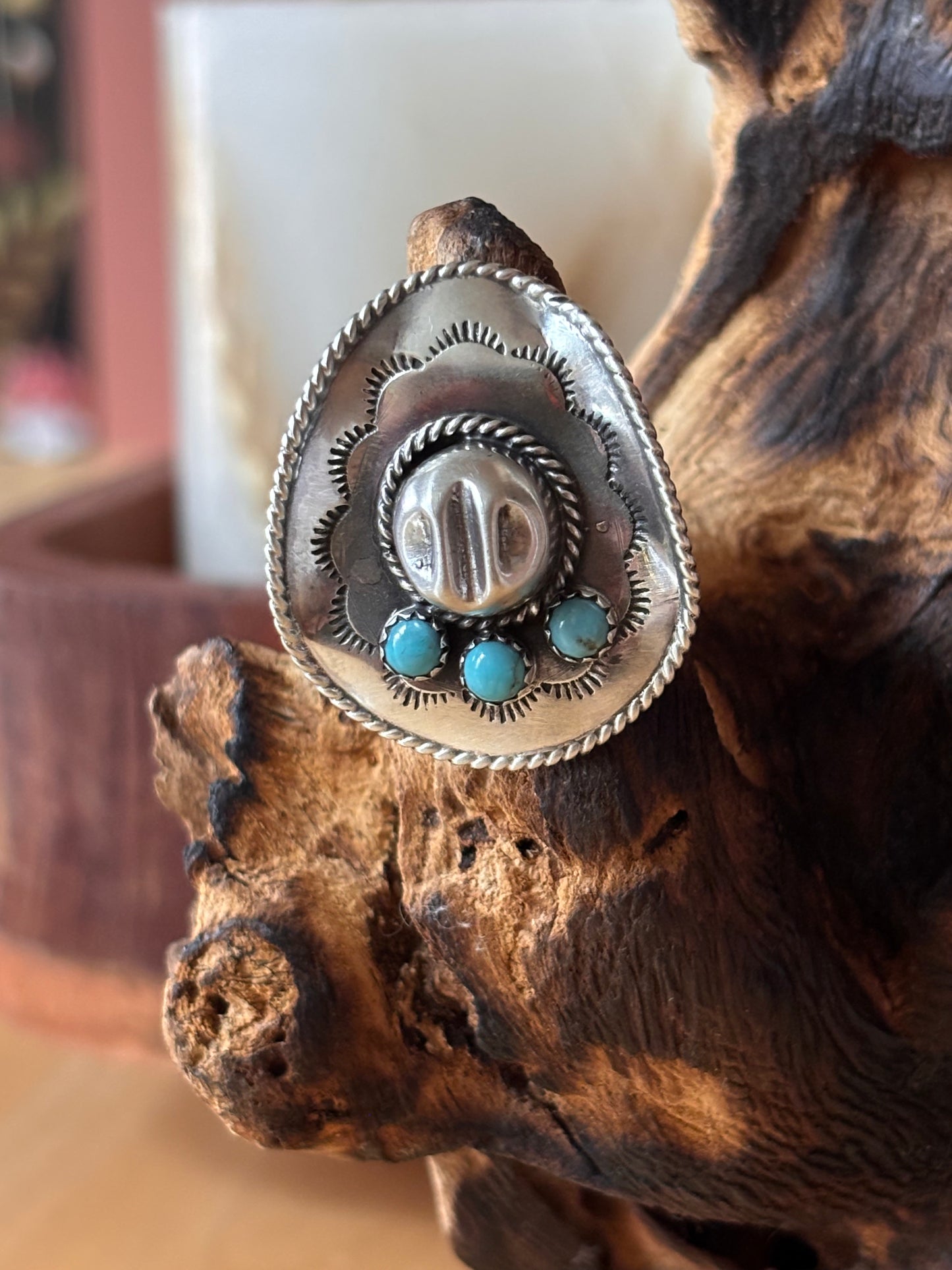 Navajo Cowboy Hat Ring with Kingman Turquoise made by Bobby Platero