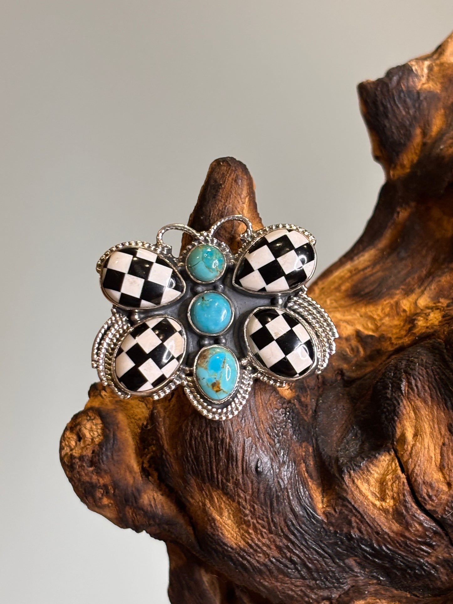 Checkered Butterfly Ring With Mojave Turquoise | Adjustable