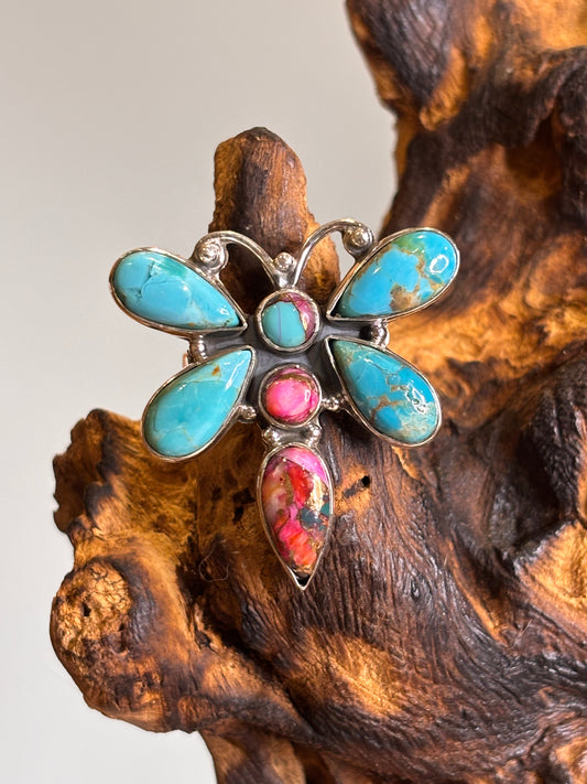 Mojave Turquoise & Spiny Oyster Turquoise Dragonfly Ring | Adjustable