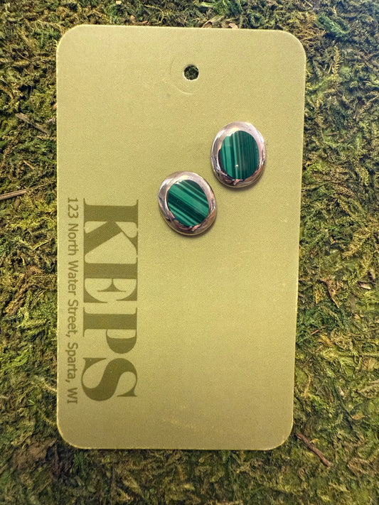 Malachite Inlay Vintage Sterling Silver Post Earrings